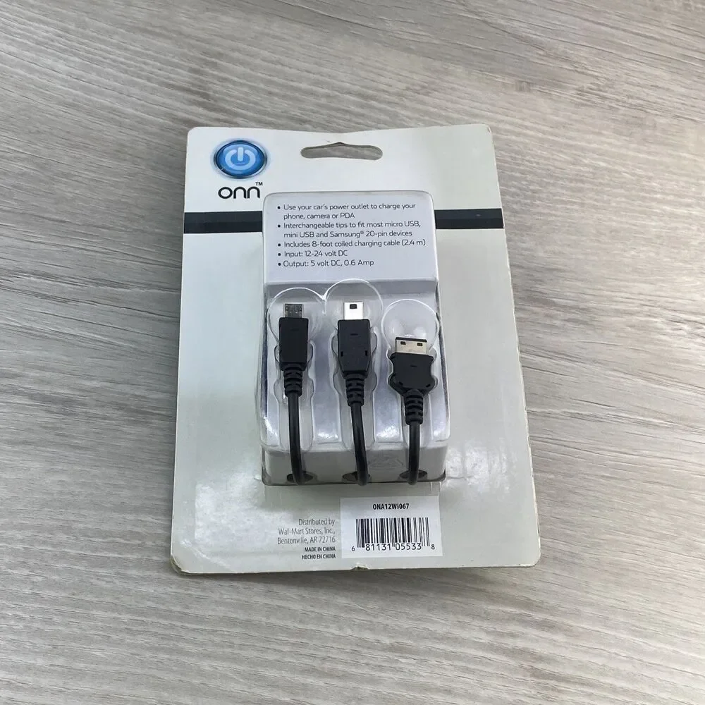 ONN TriTip Car Charger 1 Amp Black Micro Mini USB Samsung 20 Pin Device